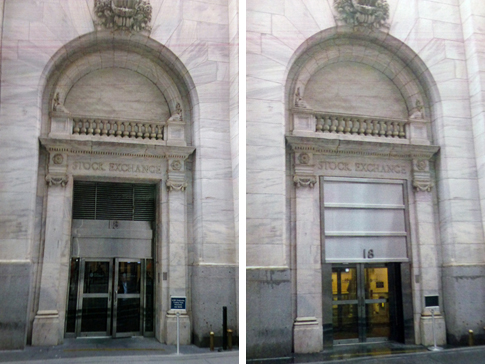 Left: Between the early 1980s and and 2013, this was the 18 Broad Street entrance to the New York Stock Exchange. Right: The entrance to 18 Broad Street was rebuilt to accommodate a heavy security barrier that can be lowered. Photos: The New York Stock Exchange